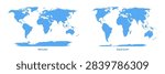 Comparison of world map projections showing Mercator and Equal Earth projections side by side. Blue vector map of planet Earth with continents and oceans. Cartography and geography education concept.