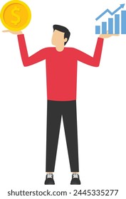 comparaciones entre estilos de inversión, elección profesional de activos para obtener ganancias o ganancias en concepto de mercado, Valor de acciones vs crecimiento de acciones, hombre de negocios que compara valor y crecimiento de acciones en su mano.