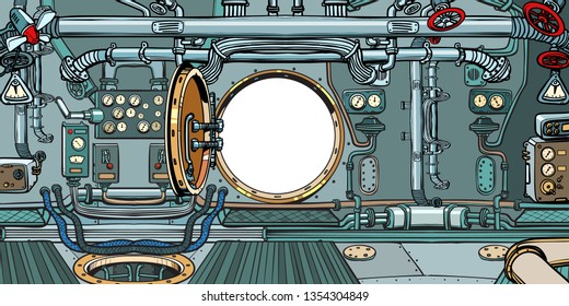 compartimento o cubierta de mando de un submarino. Ilustración vectorial de arte pop kitsch vintage