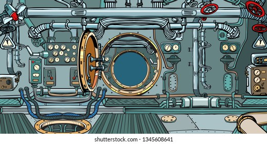 compartment of the spacecraft or submarine. Pop art retro vector illustration vintage kitsch