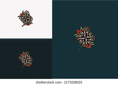 Compas And Red Rose Vector Illustration Design