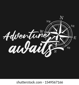 Compass Adventure Awaits. Expedition Cuttable Design Mountain. Logo Vector Sticker Cut. Decorative Van or Off Road. Road Trip Wanderlust Quote.