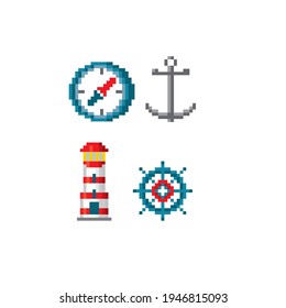 Compass, anchor, lighthouse, steering wheel. Set of nautical icons. Pixel art. Old school computer graphic. 8 bit video game. Game assets 8-bit.