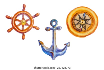 Compass, anchor, steering wheel