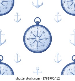 Compass and anchors vintage seamless pattern. Retro vector marine endless background