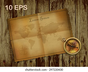 compass and ancient paper on wooden background.vector illustration