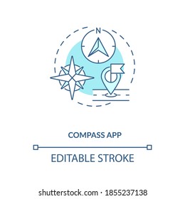 Compass app concept icon. Gadget function idea thin line illustration. Accurate location reading. True and magnetic direction. Vector isolated outline RGB color drawing. Editable stroke