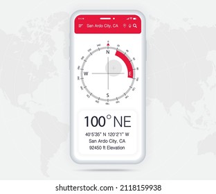 Compass app UI UX GUI concept, Map GPS app on screen smartphone navigation, Phone weather, application compass for navigator, app map, North West South East navigate technology, Vector illustration