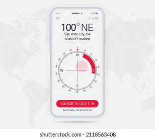 Compass app UI UX GUI concept, Map GPS app on screen smartphone navigation, Phone weather, application compass for navigator, app map, North West South East navigate technology, Vector illustration