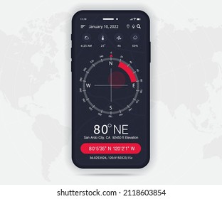 Compass app UI UX GUI concept, Map GPS app on screen smartphone navigation, Phone weather, application compass for navigator, app map, North West South East navigate technology, Vector illustration