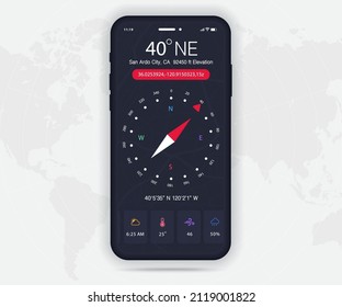 Compass app UI UX GUI concept, Map GPS app on screen smartphone navigation, Phone weather, application compass for navigator, app map, North West South East navigate technology, Vector illustration