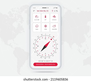 Compass app UI UX GUI concept, Map GPS app on screen smartphone navigation, Phone weather, application compass for navigator, app map, North West South East navigate technology, Vector illustration