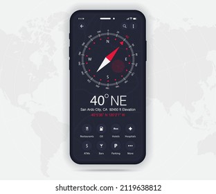 Compass app UI UX GUI concept, Map GPS app on screen smartphone navigation, Phone weather, application compass for navigator, app map, North West South East navigate technology, Vector illustration