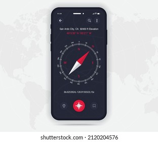 Compass app UI UX GUI concept, Map GPS app on screen smartphone navigation, Phone weather, application compass for navigator, app map, North West South East navigate technology, Vector illustration