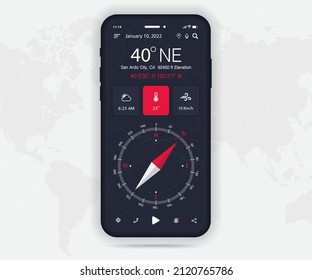 Compass app UI UX GUI concept, Map GPS app on screen smartphone navigation, Phone weather, application compass for navigator, app map, North West South East navigate technology, Vector illustration