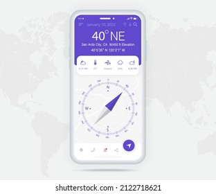 Compass app UI UX GUI concept, Map GPS app on screen smartphone navigation, Phone weather, application compass for navigator, app map, North West South East navigate technology, Vector illustration