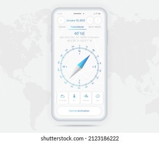 Compass app UI UX GUI concept, Map GPS app on screen smartphone navigation, Phone weather, application compass for navigator, app map, North West South East navigate technology, Vector illustration