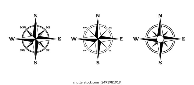 Kompass, Pfeilsymbol, Navigationskompass mit Himmelsrichtungen von Nord, Ost, Süd, West. Magnetfeld der Vektorgrafik