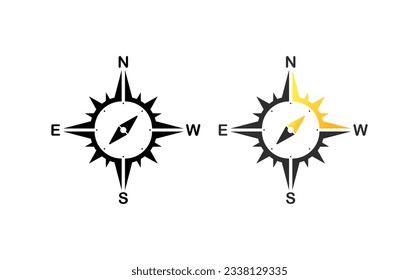 Compass and arrow icon. Silhouette, black, orientation symbol, compass with pointers. Vector illustration