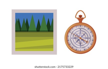 Compass with Arrow and Photo Card as Travel and Tourism Symbol Vector Set