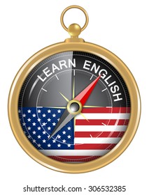 Compass and an arrow pointing to the word learn american english