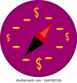 Compass. The arrow of which indicates coins and golden dollar icons. Business and finance concept logo for design