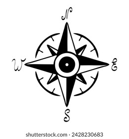 Compass. Arrows, north, south, west, east, navigate in space, terrain, geography, travel, sailing, sailor, ship, navigation, four pointed star, needle, scale, face, dial. Vector illustration