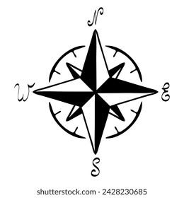 Compass. Arrows, north, south, west, east, navigate in space, terrain, geography, travel, sailing, sailor, ship, navigation, four pointed star, needle, scale, face, dial. Vector illustration