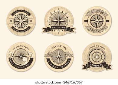 Compass badges. Marine nautical labels set with place for text recent vector illustrations set