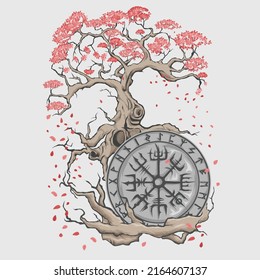 compass and beautiful cherry trees in autumn