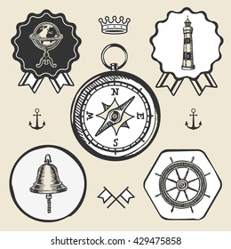 compass bell lighthouse marine nautical vintage navigation location icon flat web sign symbol logo label set