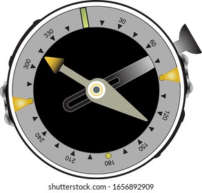A compass with a black dial and an yellow-grey pointer 