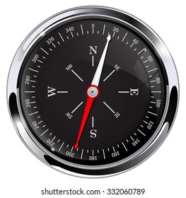Compass. Black glossy compass with chrome frame. Vector Illustration isolated on white background.