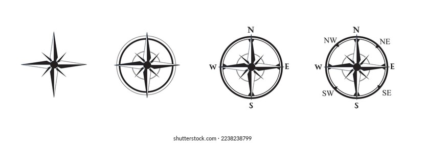 Compass black icon set . Wind rose signs. Cardinal compass symbols North, South, East, West. Isolated realistic design, vector illustration on white background