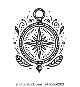 A compass with a black and white design. The compass is surrounded by leaves and flowers. The design is very detailed and intricate