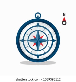 Compass blue color flat vector design on white background, navigation sign, traveling icon, adventure equipment for print, website, or application interface. Vector illustration.