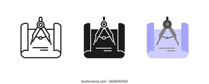 Compass with blueprint icon. Geometry drafting symbol. Engineering layout illustration. Architect measuring tool graphic. Technical drawing concept. Construction design element.