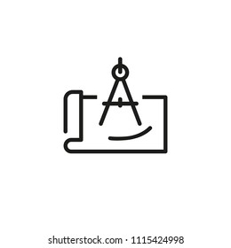 Compass and blueprint line icon. Project, construction, tool. Engineering concept. Vector illustration can be used for topics like architecture, industry, design