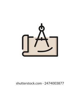 Icono de brújula y línea de plano. Proyecto, construcción, herramienta. Concepto de ingeniería. La Ilustración vectorial se puede utilizar para temas como arquitectura, industria, diseño