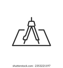 A Compass and a blueprint, linear icon. Creating a project, drawing a blueprint. Line with editable stroke