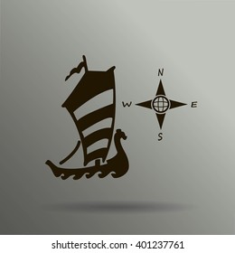 Compass and boat vector icons