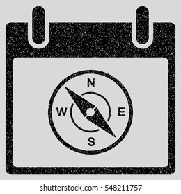 Compass Calendar Day grainy textured icon for overlay watermark stamps. Flat symbol with dust texture. Dotted vector black ink rubber seal stamp with grunge design on a light gray background.