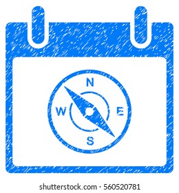 Compass Calendar Day grainy textured icon for overlay watermark stamps. Flat symbol with dust texture. Dotted vector blue ink rubber seal stamp with grunge design on a white background.