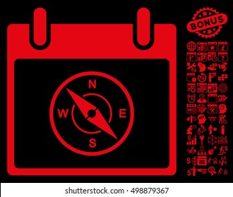 Compass Calendar Day icon with bonus calendar and time management images. Vector illustration style is flat iconic symbols, red, black background.