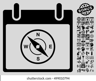 Compass Calendar Day icon with bonus calendar and time management pictograph collection. Vector illustration style is flat iconic symbols, black, light gray background.