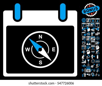 Compass Calendar Day icon with bonus calendar and time management pictograms. Vector illustration style is flat iconic symbols, blue and white, black background.