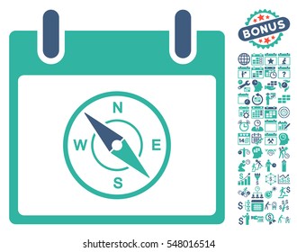 Compass Calendar Day icon with bonus calendar and time management graphic icons. Vector illustration style is flat iconic symbols, cobalt and cyan, white background.