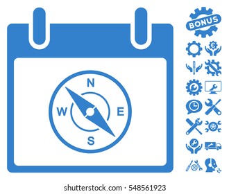 Compass Calendar Day icon with bonus tools icon set. Vector illustration style is flat iconic symbols, cobalt, white background.