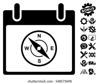 Compass Calendar Day icon with bonus tools clip art. Vector illustration style is flat iconic symbols, black, white background.