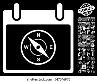 Compass Calendar Day pictograph with bonus calendar and time management pictograms. Vector illustration style is flat iconic symbols, white, black background.